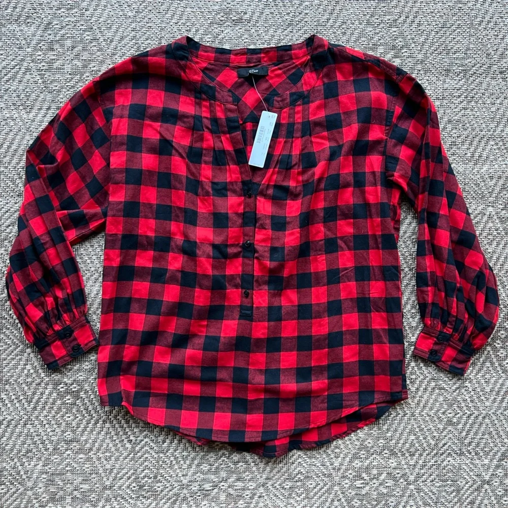 NWT J. Crew Red Black‎ Buffalo Plaid Cotton Popover Tunic Blouse XS Cabincore